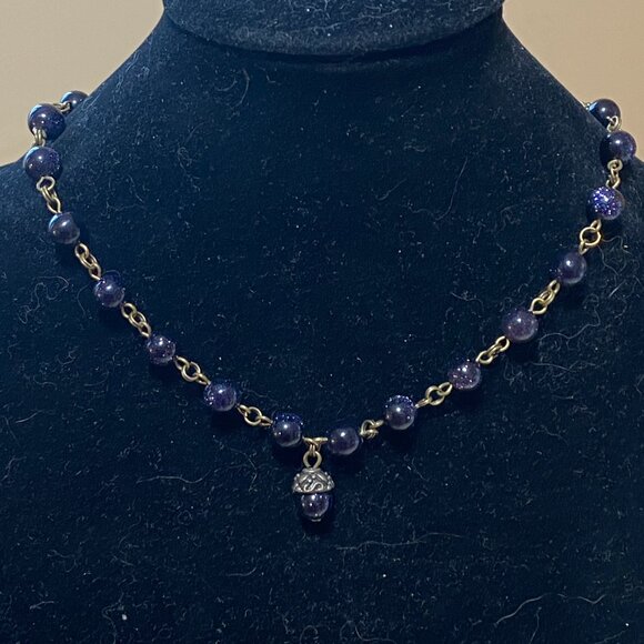 Dark Blue Goldstone Bronze Link Adjustable Short Necklace w/ Cute Acorn Pendant - Picture 3 of 15